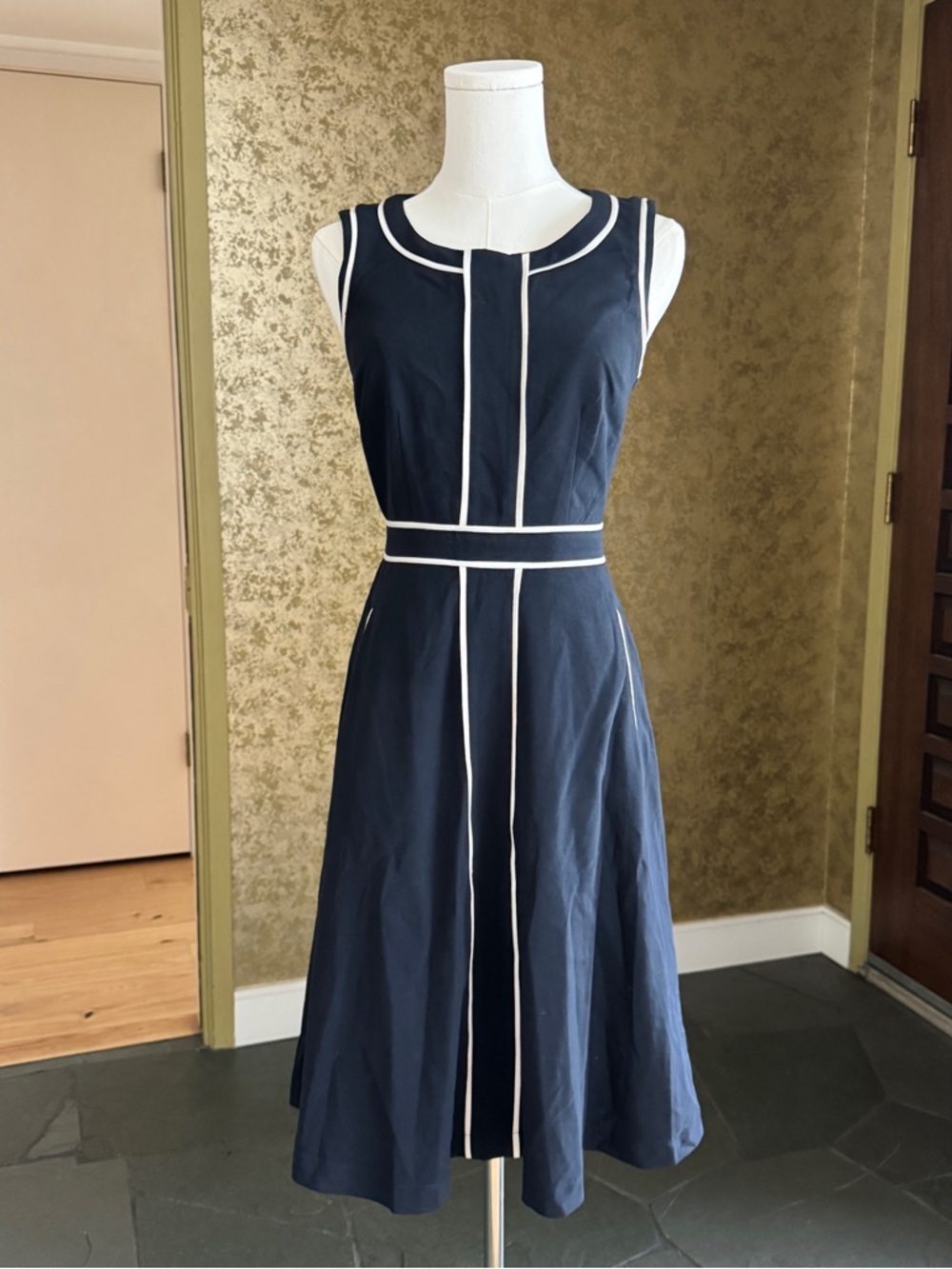 ModCloth Roving Reporter Navy Blue Midi Dress with White Piping